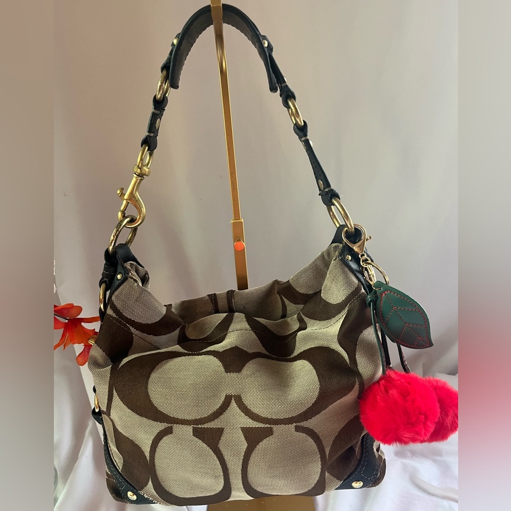 Coach Brown and Black Shoulder Bag with Signature Monogram